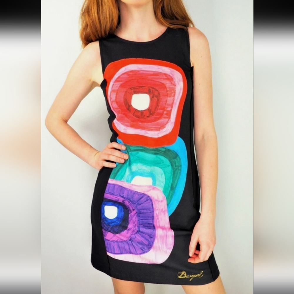 Desigual Rhina Abstract Black Shift Mini Dress Size S